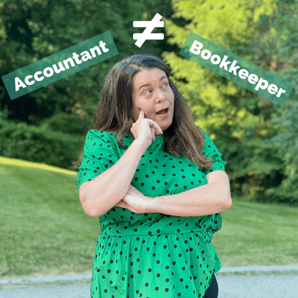 Justine Lackey stands below the words "accountant" and "bookkeeper," illustrating that they are different.